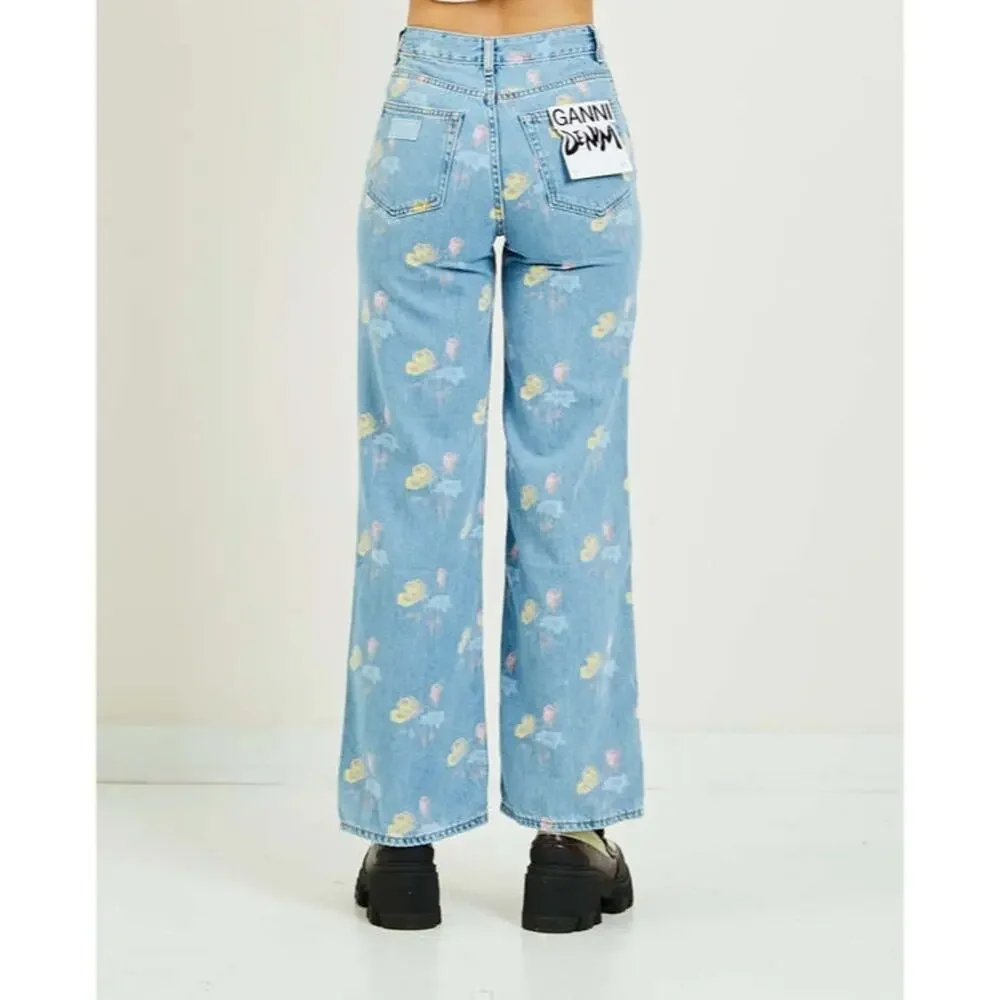 GANNI Magny Indigo Print Organic Cotton Jeans Bleach Blue - Picture 5 of 9